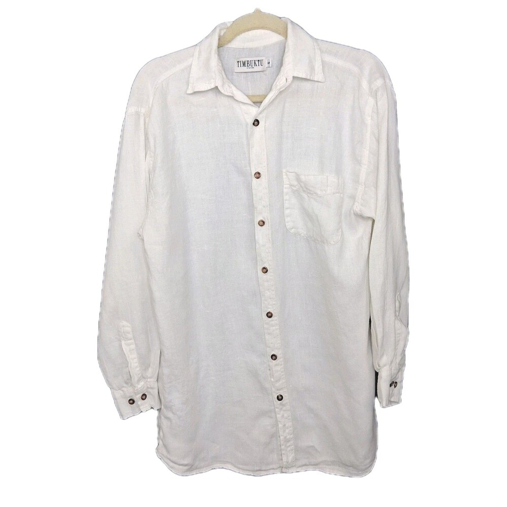 Vintage Timbuktu Station 100% Linen Men’s Button Up Shirt Size S Breathable
